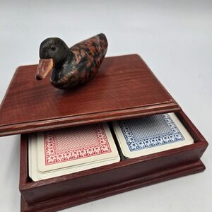 VTG Mallard Duck Wood Box‎ Trinket Holder & 2 Full Small Card Decks Decoy Decor